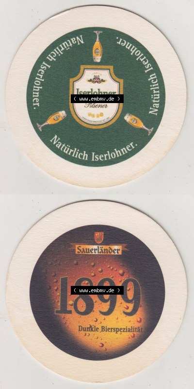 Bierdeckel Iserlohner Pilsener, Natürlich Iserlohner, Sauerländer 1899 Dunkle Bierspezialität (3). Deutscher Katalog über... Sammlung