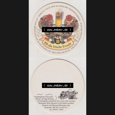 Bierdeckel Bürgerbräu Hof - BB-die frische Freude, Brauerei-Museum (5). Deutscher Katalog über deutsche Bierdeckel Bürgerbräu Hof, Brauerei-Museum... Sammlung