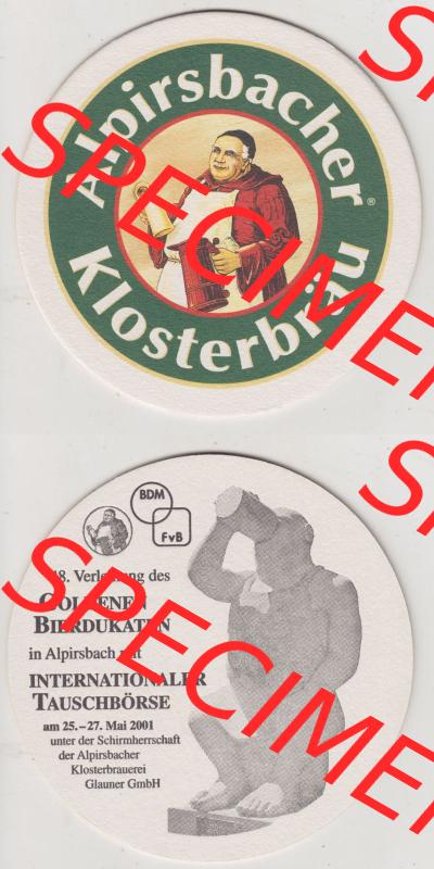 Bierdeckel 2001, Alpirsbacher Klosterbräu, 48. Verleihung des Goldenen Bierdukaten, Tauschbörse 2001 (3). Deutscher Katalog über die deutschen Bierdeckel... Sammlung