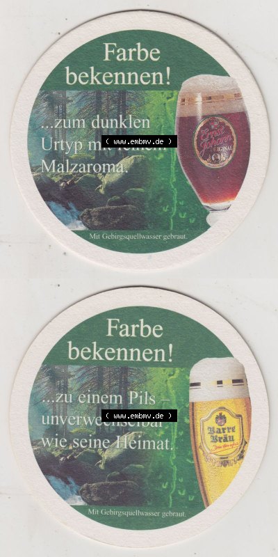 Bierdeckel Privatbrauerei Ernst Barre, Fasrbe bekennen! ...zum dunklen Urtyp mit feinem Malzaroma, ...zu einem Pils (3). Deutscher... Sammlung