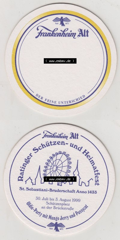 Bierdeckel 1999, Frankenheim Alt, Ratinger Schützen- und Heimatfest St. Sebastiani-Bruderschaft Anno 1433 (3). Deutscher Katalog... Sammlung