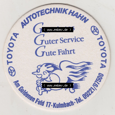 Bierdeckel Kulmbacher Kommunbräu, Toyota Autotechnik Hahn, Am Goldenen Feld, Kulmbach (2). Deutscher Katalog über deutsche Bierdeckel... Sammlung