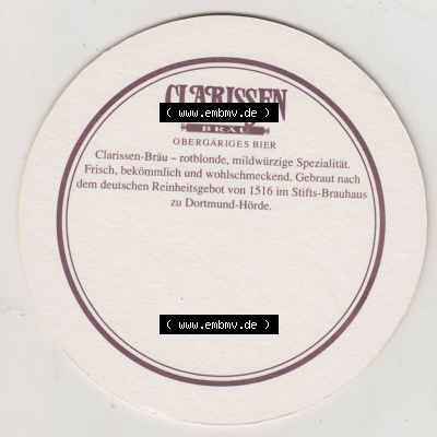 Bierdeckel Dortmunder Stifts-Brauerei, Clarissen-Bräu, nach klösterlicher Art gebraut (2). Deutscher Katalog über deutsche... Sammlung