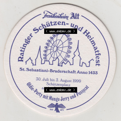 Bierdeckel 1999, Frankenheim Alt, Ratinger Schützen- und Heimatfest St. Sebastiani-Bruderschaft Anno 1433 (2). Deutscher Katalog... Sammlung