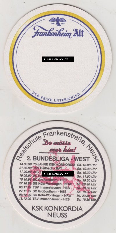 Bierdeckel Frankenheim Alt, der feine Unterschied, Realschule Frankenstraße, Neues, 2. Bundesliga KSK Konkordia Neuss (3). Deutscher... Sammlung