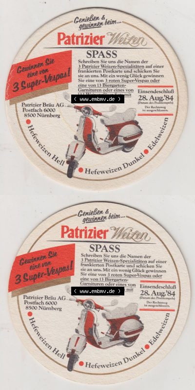 Bierdeckel 1984, Patrizier Weizen SPASS, Gewinnen Sioe eine von 3 Super-Vespas, PatrizierBräu AG (3). Deutscher Katalog über... Sammlung