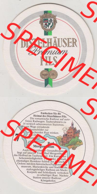 Bierdeckel Distel-Pils aus Distelhausen, Heimat des Distel Pils, 7. Karte mit Distelhausen Bad Mergentheim (3). Deutscher Katalog über die deutschen Bierdeckel... Sammlung