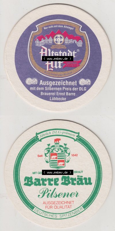 Bierdeckel Altstadt Alt, Ausgezeichnet mit Silbernen Preis der DLG, Barre Bräu Pilsener (3). Deutscher Katalog über deutsche... Sammlung
