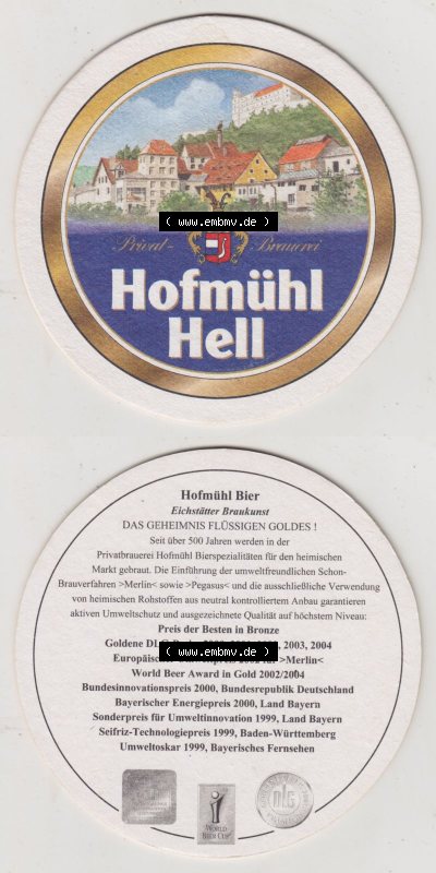 Bierdeckel Hofmühl Privatbrauerei, Hofmühl Hell, Bier Eichstätter Braukunst, Das Geheimnis des flüssigen Goldes (3). Deutscher... Sammlung