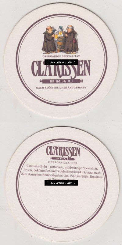 Bierdeckel Dortmunder Stifts-Brauerei, Clarissen-Bräu, nach klösterlicher Art gebraut (3). Deutscher Katalog über deutsche... Sammlung