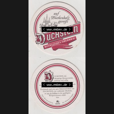Bierdeckel Duckstein auf Buchenholz gereift, Rotblondes Oberbräu, Duckstein, die obergärige Bierspezialität rotblond und süffig (3). Deutscher Katalog... Sammlung