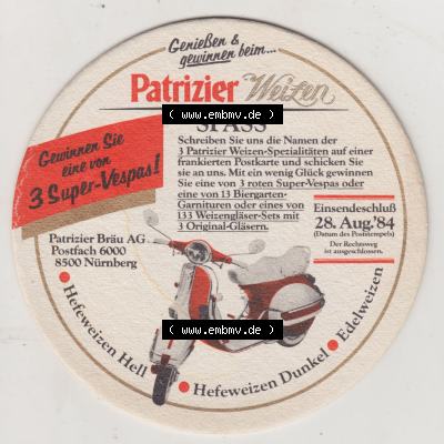 Bierdeckel 1984, Patrizier Weizen SPASS, Gewinnen Sioe eine von 3 Super-Vespas, PatrizierBräu AG (1). Deutscher Katalog über deutsche Bierdeckel Patrizier Bräu... Sammlung
