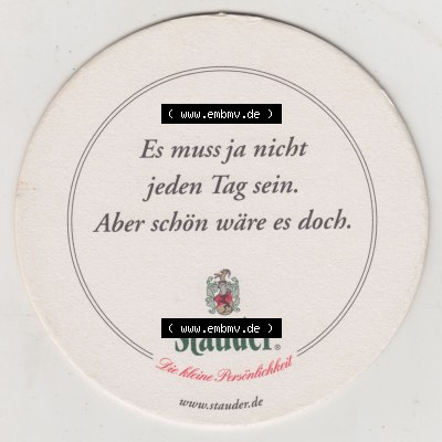 Bierdeckel Stauder Premium Pils, Es muss ja nicht jeden Tag sein. Aber schön wäre es doch (2). Deutscher Katalog über deutsche Bierdeckel Privatbrauerei Jacob... Sammlung