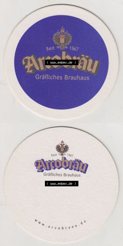 Bierdeckel Arcobräu, seit 1567, Gräfliches Brauhaus, , mit beschreibarer Rückseite (3). Deutscher Katalog über deutsche Bierdeckel... Sammlung