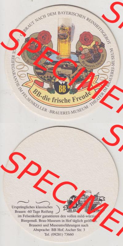Bierdeckel Bürgerbräu Hof - BB-die frische Freude, Brauerei-Museum (5). Deutscher Katalog über deutsche Bierdeckel Bürgerbräu Hof, Brauerei-Museum... Sammlung