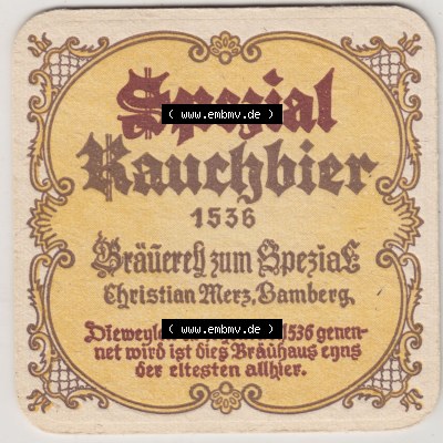 Bierdeckel Brauerei Spezial Christian Merz, Bamberg 1536, Spezial Rauchbier (1). Deutscher Katalog über deutsche Bierdeckel Spezial... Sammlung