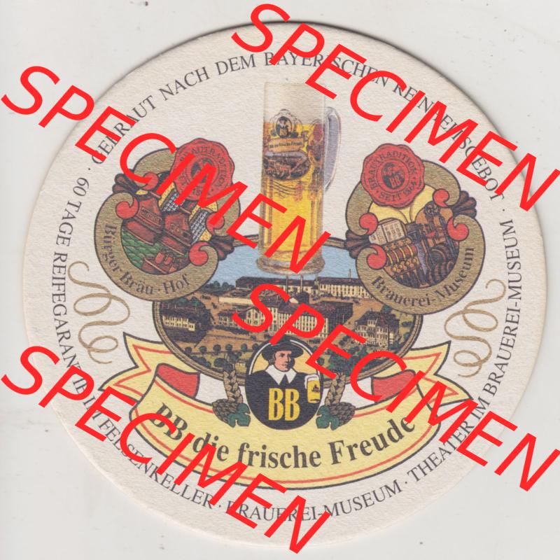 Bierdeckel Bürgerbräu Hof - BB-die frische Freude, Brauerei-Museum (1). Deutscher Katalog über deutsche Bierdeckel Bürgerbräu Hof, Brauerei-Museum... Sammlung