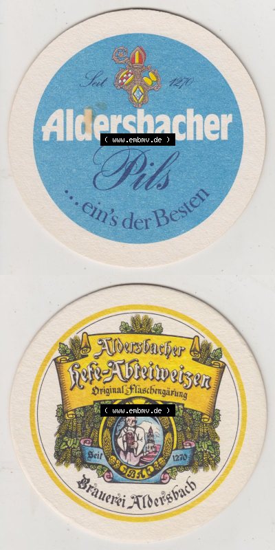 Bierdeckel Brauerei Aldersbach, Aldersbacher Pils, ... eins der Besten, Hefe-Abteilweizen, Original-Flaschengärung (3). Deutscher... Sammlung