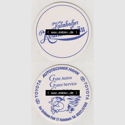 Bierdeckel Kulmbacher Kommunbräu, Toyota Autotechnik Hahn, Am Goldenen Feld, Kulmbach (3). Deutscher Katalog über deutsche Bierdeckel Kulmbacher Kommunbräu... Sammlung