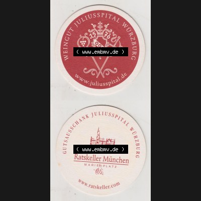 Bierdeckel Weingut Juliusspital Würzburg, Ratskeller München, Gutsausschank (3). Deutscher Katalog über deutsche Bierdeckel Stiftung Juliusspital Würzburg... Sammlung