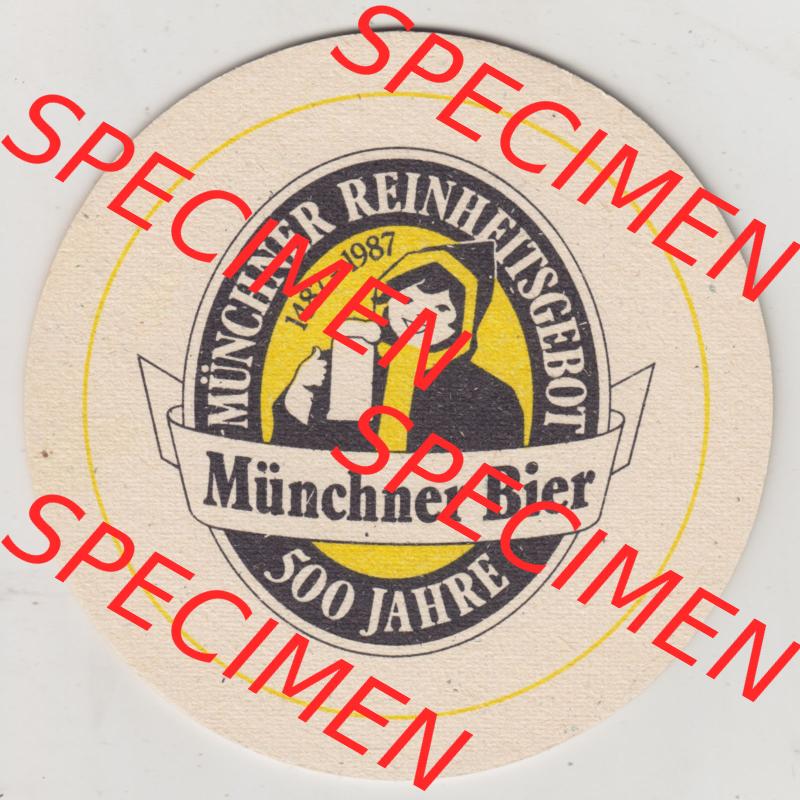 Bierdeckel 1987, Münchner Bier, Münchner Reinheitsgebot, 500 Jahre, Augustiner Bräu München (1). Deutscher Katalog über deutsche Bierdeckel... Sammlung