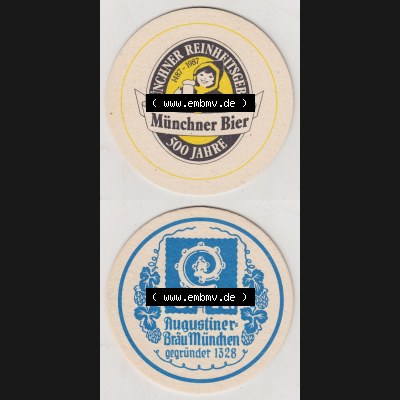 Bierdeckel 1987, Münchner Bier, Münchner Reinheitsgebot, 500 Jahre, Augustiner Bräu München (3). Deutscher Katalog über deutsche Bierdeckel... Sammlung
