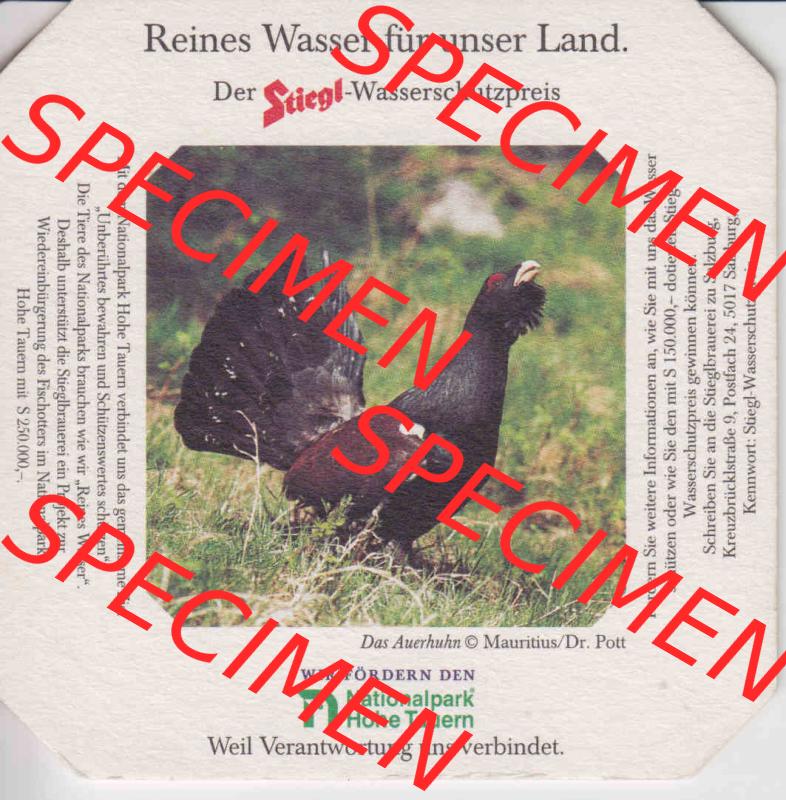 Bierdeckel Der Stiegl-Wassserschutzpreis Der Auerhahn (1). Katalog Bierdeckel Stieglbrauerei zu Salzburg aus Bundesland Salzburg in Österreich, inoffizieller online Katalog... Sammlung