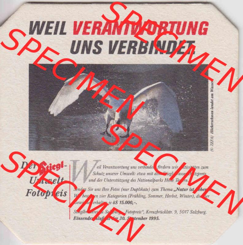 Bierdeckel 1995 Der Stiegl-Umwelt-Fotopreis, Höckerschwan (1). Katalog Bierdeckel Stieglbrauerei zu Salzburg aus Bundesland Salzburg in Österreich, inoffizieller... Sammlung