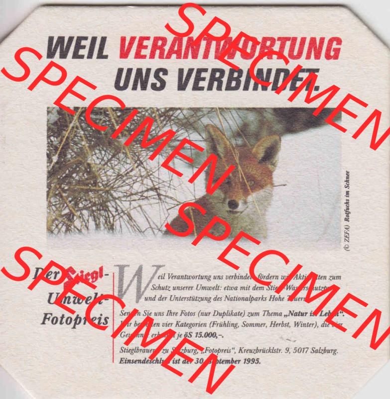 Bierdeckel 1995 Der Stiegl-Umwelt-Fotopreis Rotfuchs (1). Katalog Bierdeckel Stieglbrauerei zu Salzburg aus Bundesland Salzburg in Österreich, inoffizieller online Katalog für... Sammlung