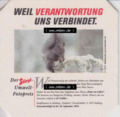 Bierdeckel 1995 Der Stiegl-Umwelt-Fotopreis, Eichhörnchen (1). Katalog Bierdeckel Stieglbrauerei zu Salzburg aus Bundesland Salzburg... Sammlung