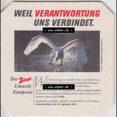 Bierdeckel 1995 Der Stiegl-Umwelt-Fotopreis, Höckerschwan (1). Katalog Bierdeckel Stieglbrauerei zu Salzburg aus Bundesland Salzburg in Österreich, inoffizieller... Sammlung
