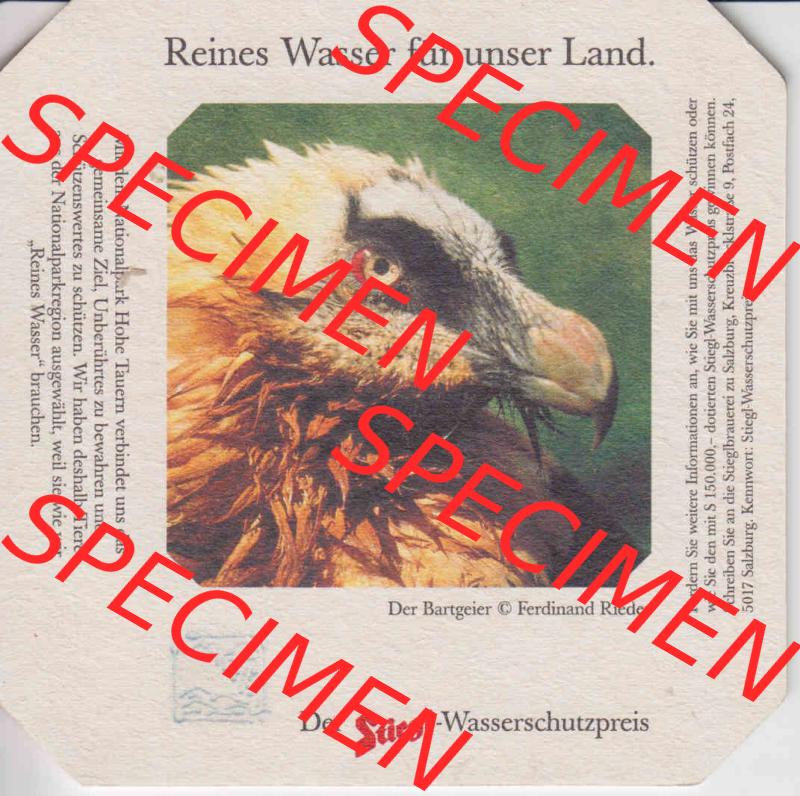 Bierdeckel Der Stiegl-Wassserschutzpreis Der Bartgeier (1). Katalog Bierdeckel Stieglbrauerei zu Salzburg aus Bundesland Salzburg in Österreich, inoffizieller online Katalog... Sammlung