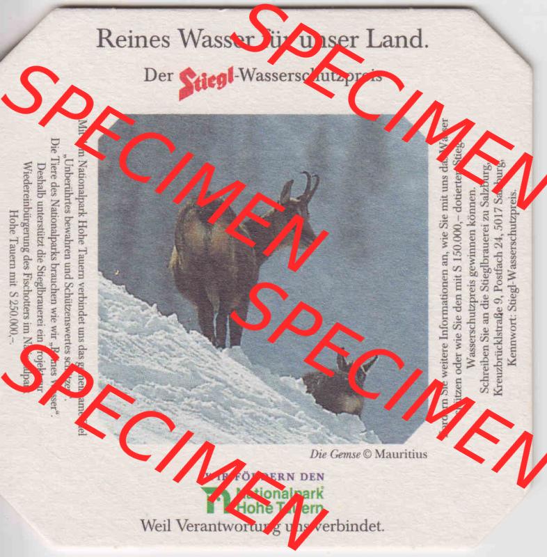 Bierdeckel Der Stiegl-Wassserschutzpreis Die Gemse (1). Katalog Bierdeckel Stieglbrauerei zu Salzburg aus Bundesland Salzburg in Österreich, inoffizieller online Katalog für... Sammlung