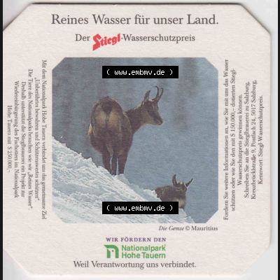Bierdeckel Der Stiegl-Wassserschutzpreis Die Gemse (1). Katalog Bierdeckel Stieglbrauerei zu Salzburg aus Bundesland Salzburg in Österreich, inoffizieller online Katalog für... Sammlung