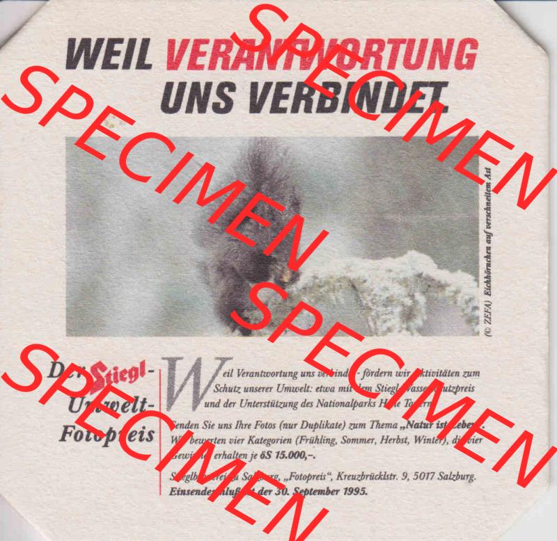 Bierdeckel 1995 Der Stiegl-Umwelt-Fotopreis, Eichhörnchen (1). Katalog Bierdeckel Stieglbrauerei zu Salzburg aus Bundesland Salzburg in Österreich, inoffizieller... Sammlung