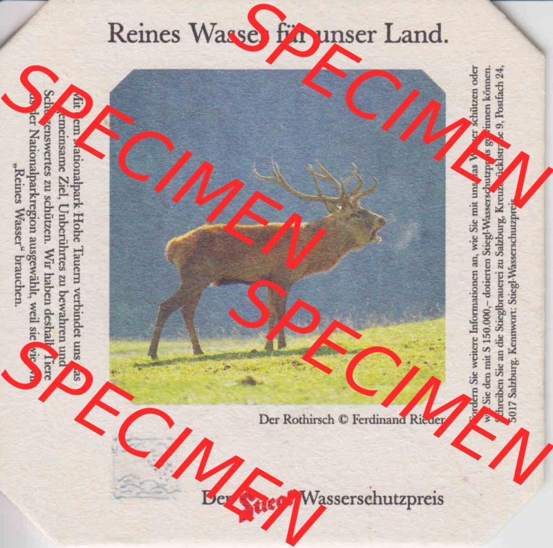 Bierdeckel Der Stiegl-Wassserschutzpreis Der Rothirsch (1). Katalog Bierdeckel Stieglbrauerei zu Salzburg aus Bundesland Salzburg in Österreich, inoffizieller online Katalog... Sammlung