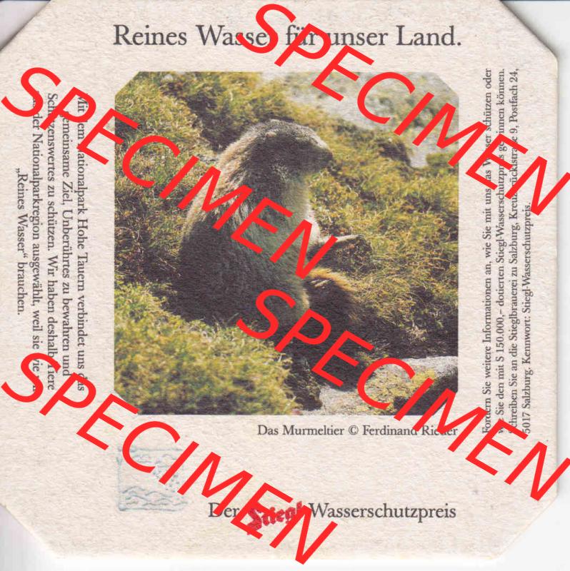 Bierdeckel Der Stiegl-Wassserschutzpreis Das Murmeltier (1). Katalog Bierdeckel Stieglbrauerei zu Salzburg aus Bundesland Salzburg in Österreich, inoffizieller online Katalog... Sammlung