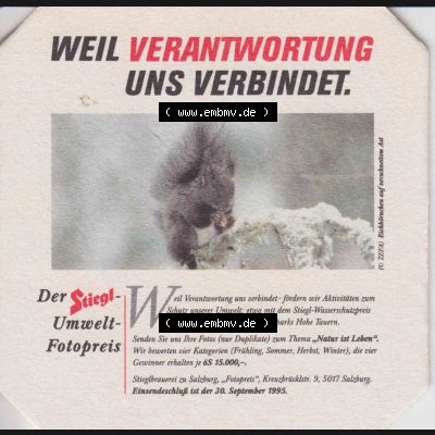 Bierdeckel 1995 Der Stiegl-Umwelt-Fotopreis, Eichhörnchen (1). Katalog Bierdeckel Stieglbrauerei zu Salzburg aus Bundesland Salzburg in Österreich, inoffizieller... Sammlung