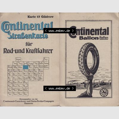 Land Mecklenburg-Schwerin, Güstrow um 1930 Continental Straßenkarte Karte 13 Güstrow, für Rad- und Kraftfahrer Landkarte / Straßenkarte von Continental um den... Sammlung