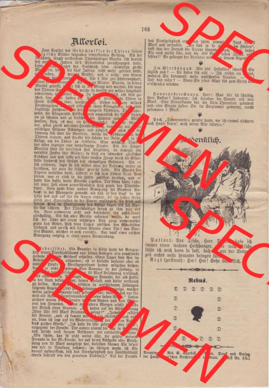 Deutsches Kaiserreich Bonn, Sonntagsblatt Illustrierte Beilage zur Deutschen Reichs-Zeitung 1889, Zeitung Nr. 21, 26. Mai 1889, Sonntagsblatt Seite 168, Letzte... Sammlung