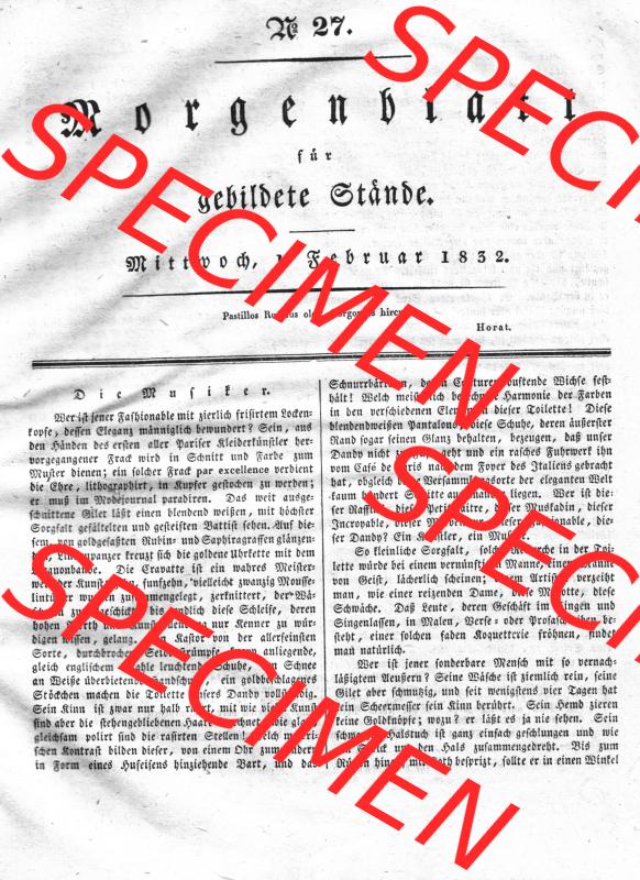 Morgenblatt 1832, Mittwoch, 1. Februar, Nr. 27, Seite 105, Artikel Die Musiker. Das Digitale Bild / Foto einer Einzelseite der relativ wertvollen... Sammlung