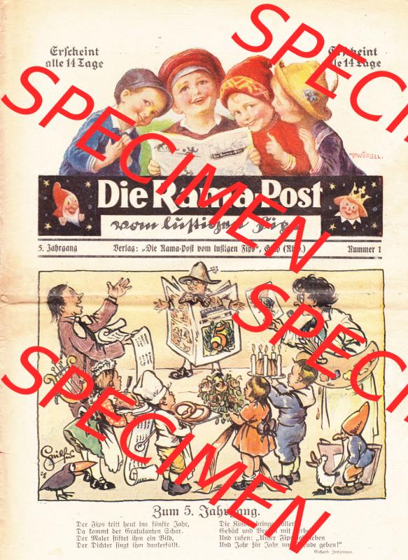Die Rama-Post vom lustigen Fips, 1929, 1930, 5. Jahrgang, Nr. 1 Seite 1, Zum 5. Jahrgang. Die Digitalen JPG-Bilder der digitalisierten Zeitschrift... Sammlung