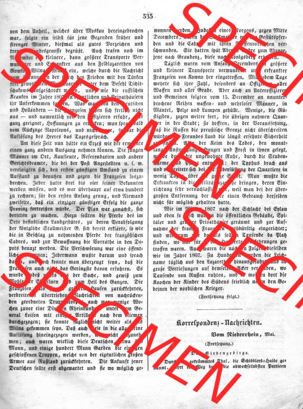 Morgenblatt für gebildete Leser 1845, Donnerstag, 5. Juni, Nr. 134, Seite 535, Erinnerungen aus den Kriegsjahren 1812-1815. Das Digitale Bild /... Sammlung