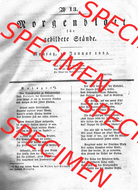 Morgenblatt 1832, Montag, 16 Januar, Nr. 13, Seite 49, Bajazet. Das Digitale Bild / Foto der relativ wertvollen „Morgenblatt für gebildete Stände“-Zeitschrift... Sammlung