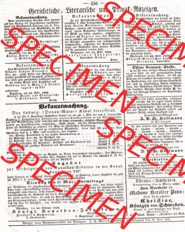 Augsburg 1838, Nr. 59, Mittwoch 28. Februar, Augsburger Abendzeitung Seite 236. Die Digitalen JPG-Bilder der digitalisierten Augsburger Zeitung 1838 können heruntergeladen... Sammlung