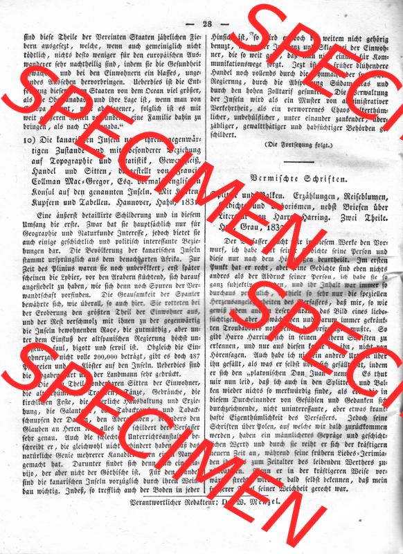 Morgenblatt 1832, Montag 16 Januar, Nr. 7, Seite 28, A. D. Humboldt, Länder und Völkerkunde. Das Digitale Bild / Foto der relativ... Sammlung