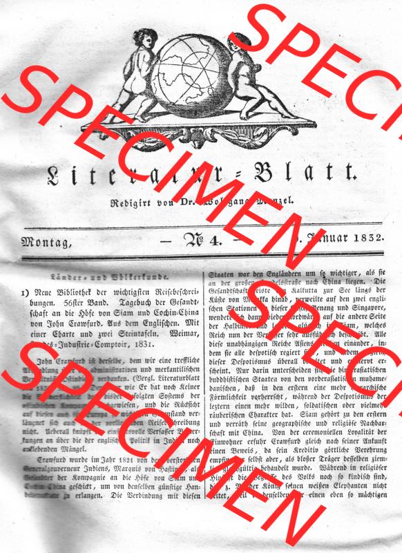 Morgenblatt 1832, Monatg 9 Januar, Nr. 4, Seite 13, Literatur-Blatt, Länder und Völkerkunde. Das Digitale Bild / Foto der relativ wertvollen „Morgenblatt... Sammlung