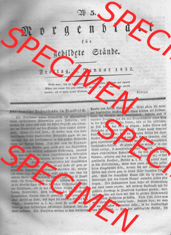 Morgenblatt 1832, 6 Januar, Nr. 5, Seite 17, Artikel „Für deutsche Fußreisende in Frankreich“. Das Digitale Bild / Foto der... Sammlung