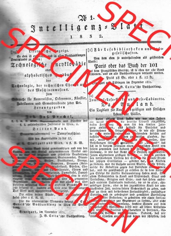 Morgenblatt 1832, 7 Januar, Nr. 1, Seite 1, Intelligenz-Blatt, Technologische Encyklopädie. Das Digitale Bild / Foto der relativ wertvollen „Morgenblatt... Sammlung