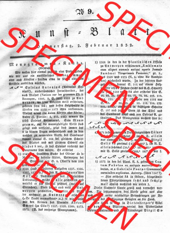 Morgenblatt 1832, Donnerstag 2 Februar, Nr. 9, Seite 33, Kunst-Blatt, Monogrammen - Kunde. Das Digitale Bild / Foto vom Kunstblatt der relativ wertvollen... Sammlung
